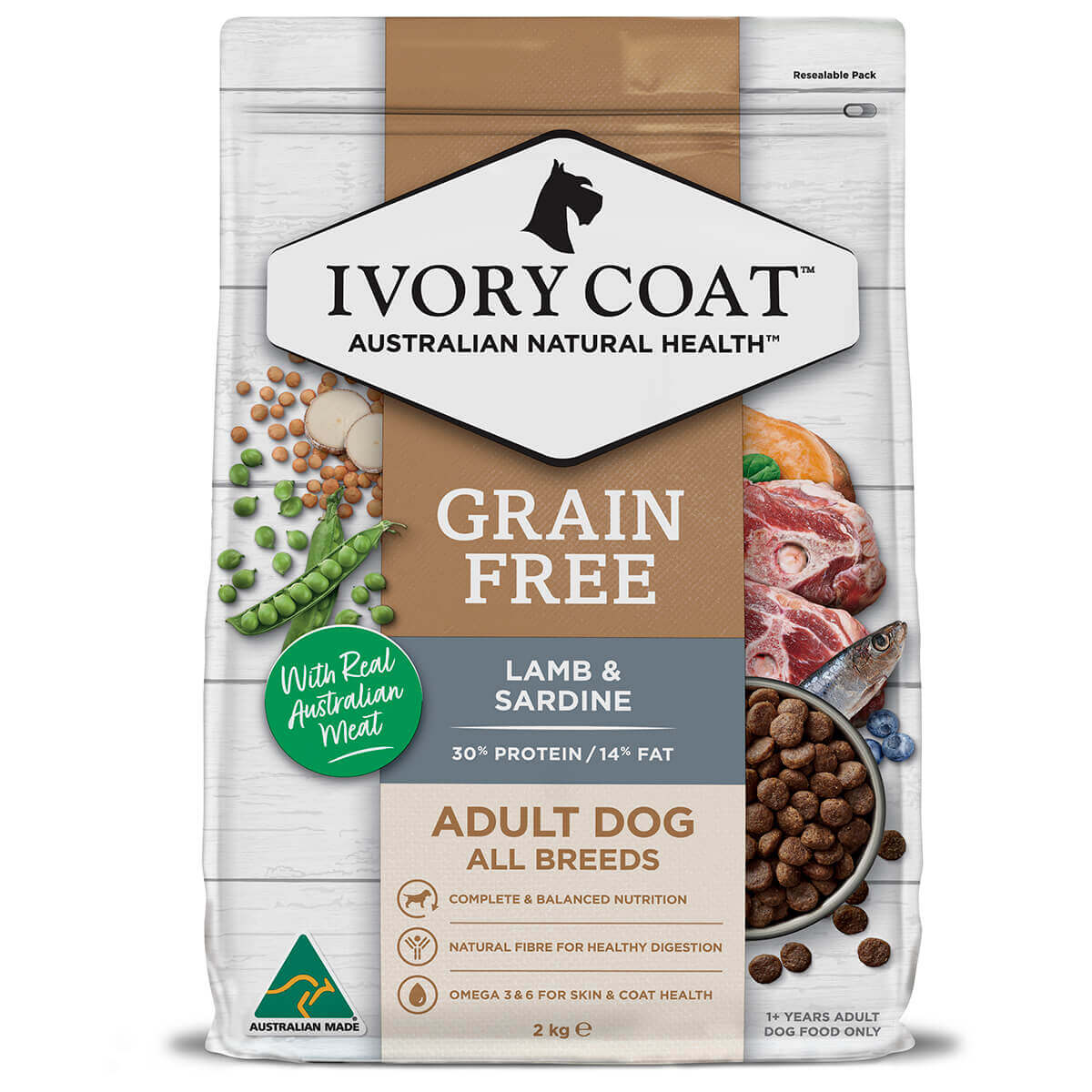 Ivory Coat Grain Free Adult Dry Dog Food Lamb Sardine 13Kg