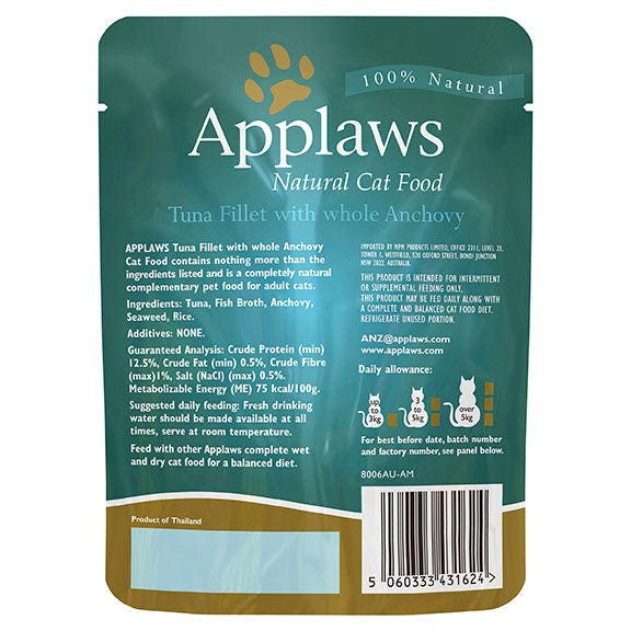 Applaws Natural Tuna Fillet With Anchovy In Broth Pouch Wet Cat Food 70G