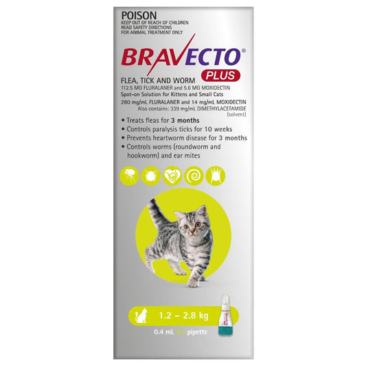 Bravecto Plus Flea, Tick & Worming Treatment 1.2-2.8Kg Cat 2 Month Pack