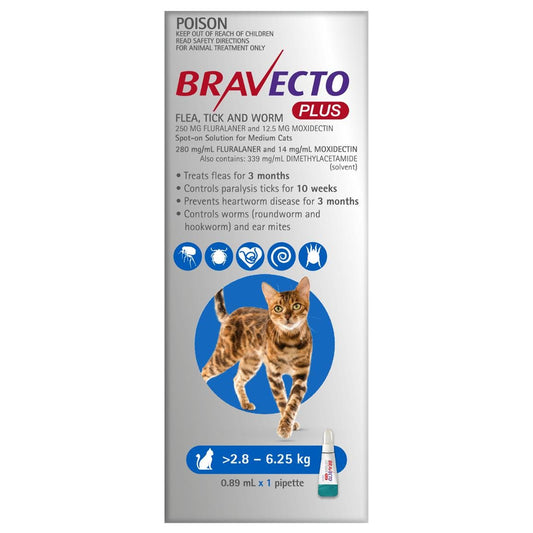 Bravecto Plus Flea, Tick & Worming Treatment 2.8-6.25Kg Cat 2 Month Pack