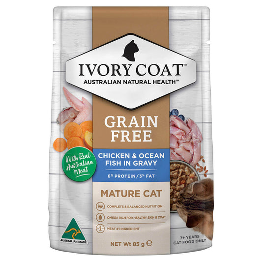 Ivory Coat Grain Free Mature Wet Cat Food Chicken & Ocean Fish In Gravy 85G