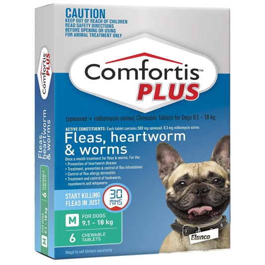 Comfortis Plus Green Flea & Worming Tablets 9.1-18Kg Dog 6 Pack