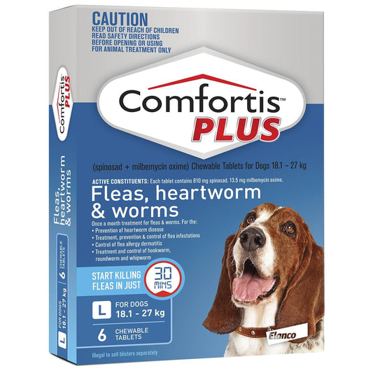 Comfortis Plus Blue Flea & Worming Tablets 18.1-27Kg Dog 6 Pack