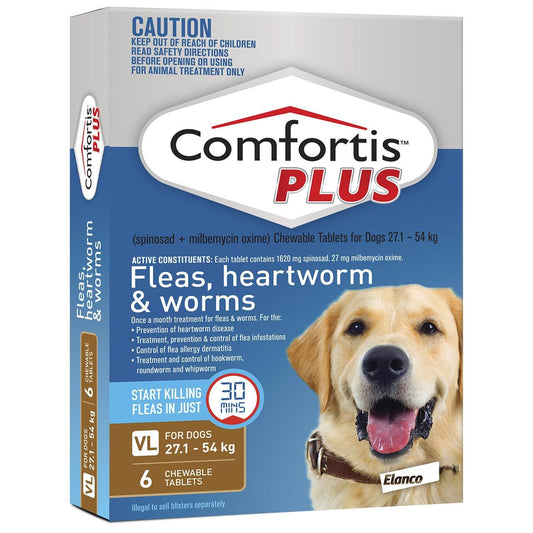 Comfortis Plus Brown Flea & Worming Tablets 27.1-54Kg Dog 6 Pack