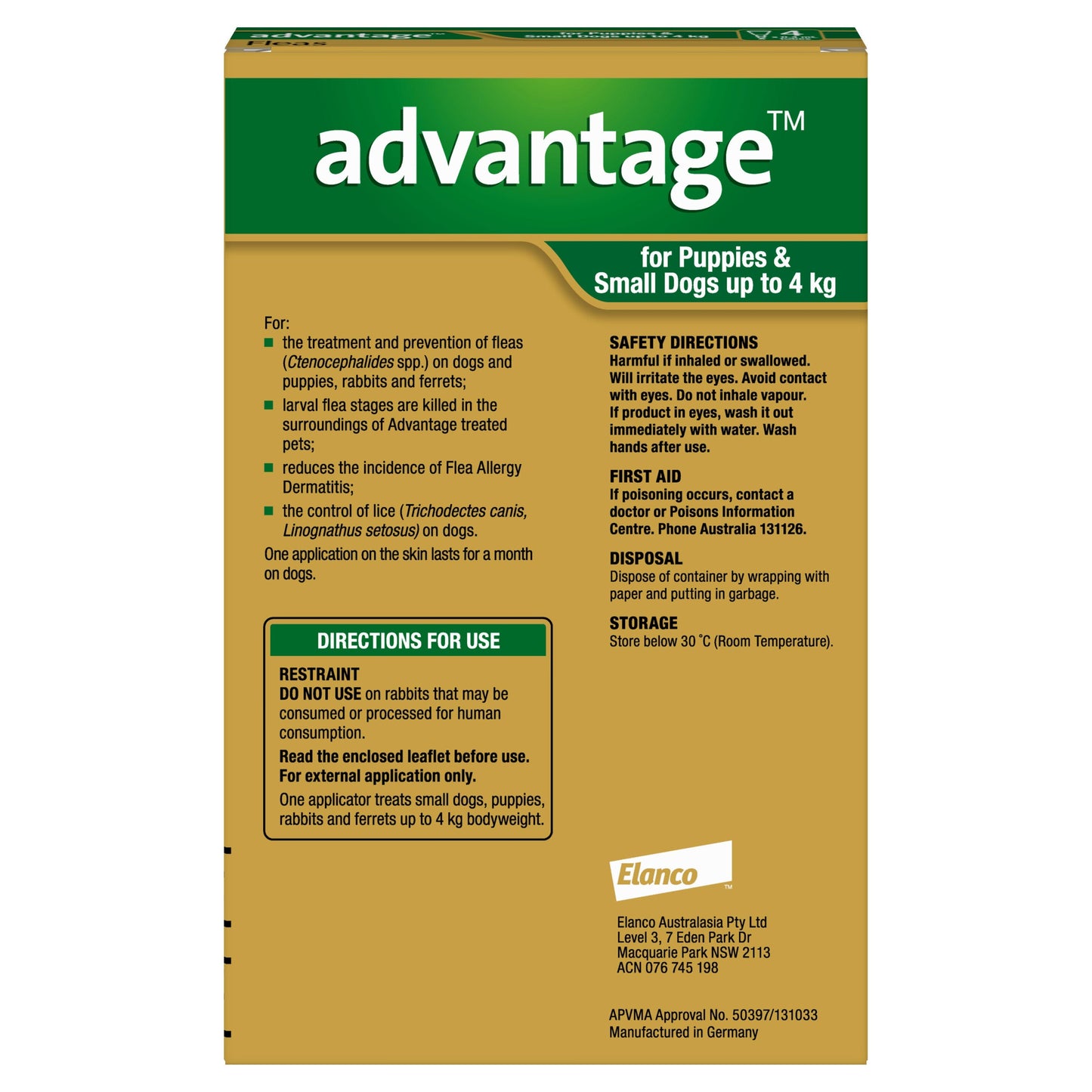 Advantage Flea Treatment <4Kg Dog 6 Pack