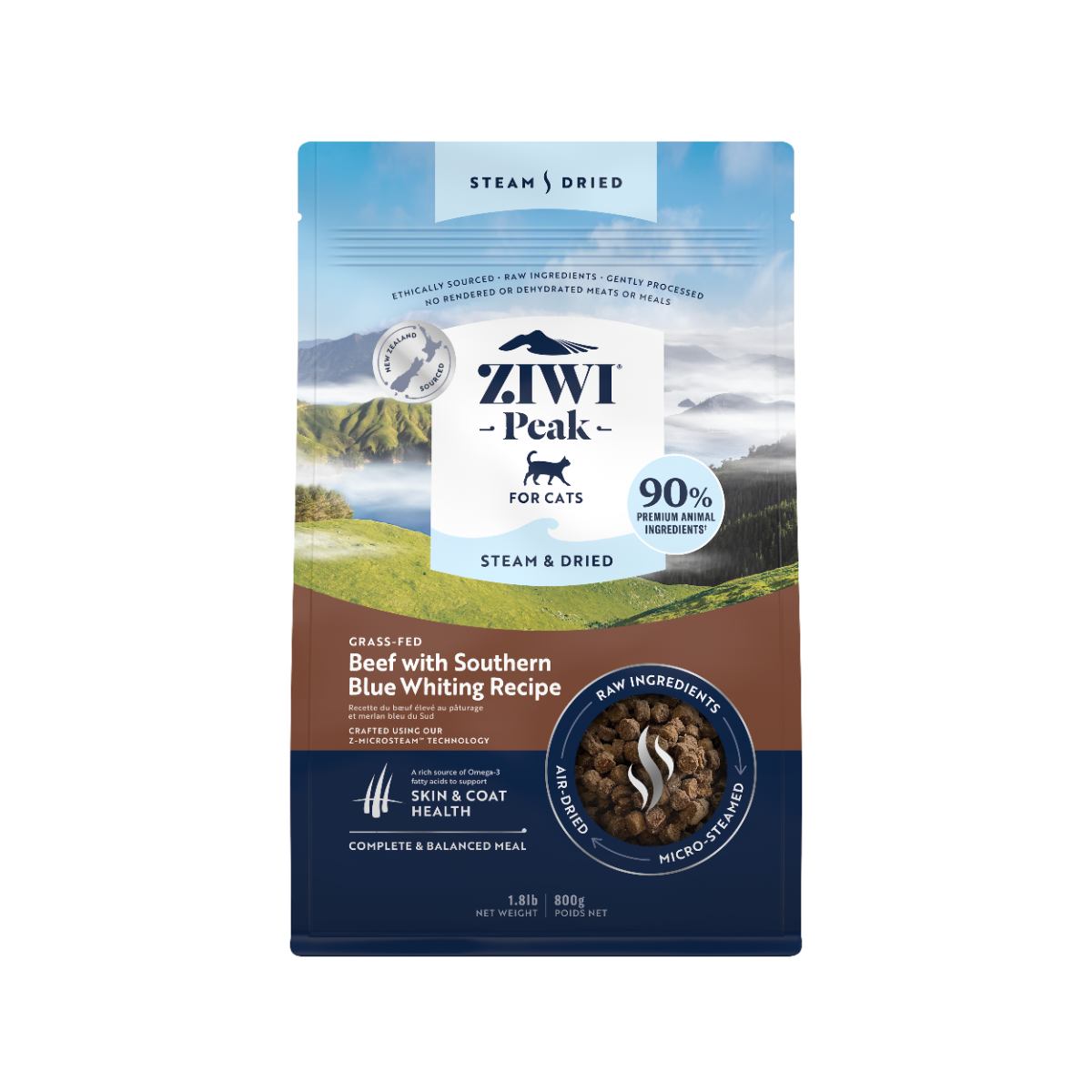 ZiwiPeak Steam & Dried Cat Grass-fed Beef with Southern Blue Whiting 800g