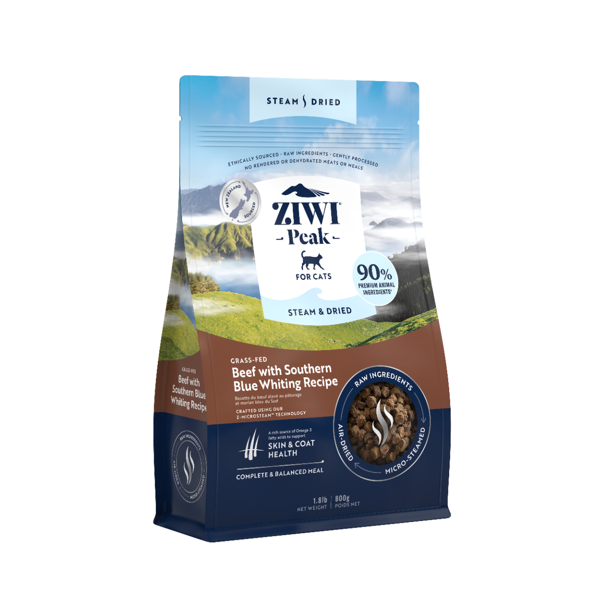 ZiwiPeak Steam & Dried Cat Grass-fed Beef with Southern Blue Whiting 800g