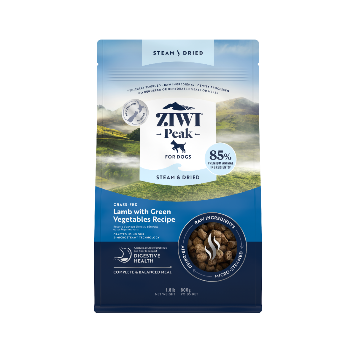 ZiwiPeak Steam & Dried Dog Grass-fed Lamb with Green Vegetables 800g